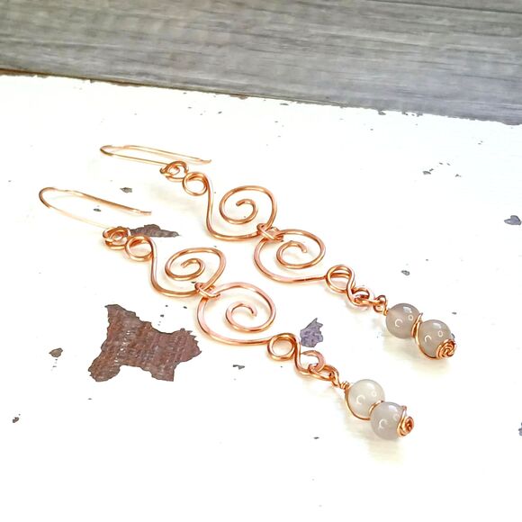 Long Boho Chic Agate Crystal Dangle Earrings, Hammered Copper Gemstone Jewlery - Picture 4 of 7